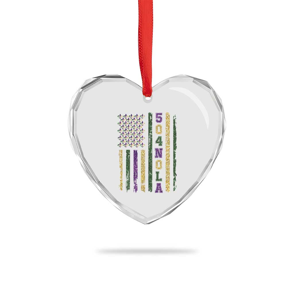 Funny Mardi Gras New Orleans Louisiana Heart Crystal Glass Ornament 504 Nola Area Code Glitter Print American Flag