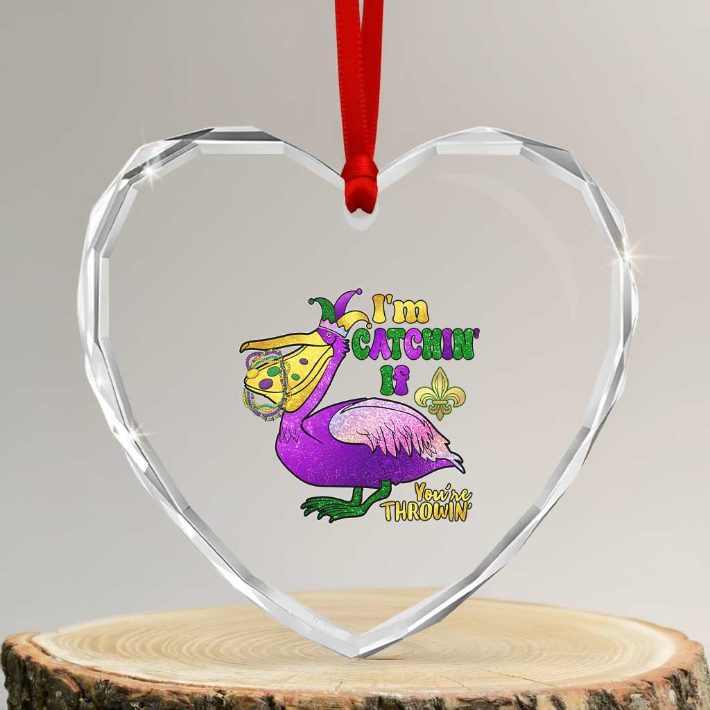 Funny Mardi Gras Pelican Heart Crystal Glass Ornament I'm Catchin' If You're Throwin' Beads Doubloons