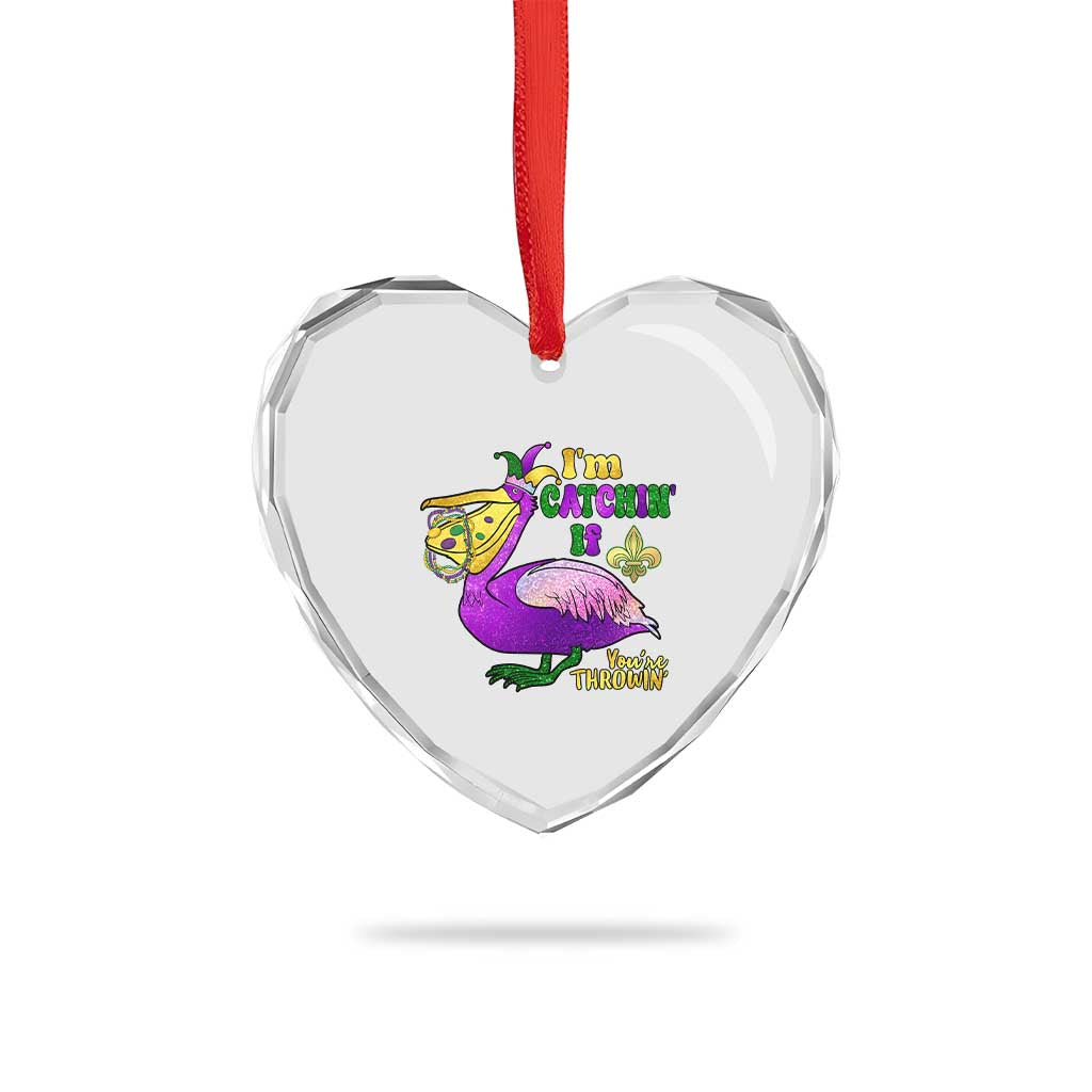 Funny Mardi Gras Pelican Heart Crystal Glass Ornament I'm Catchin' If You're Throwin' Beads Doubloons