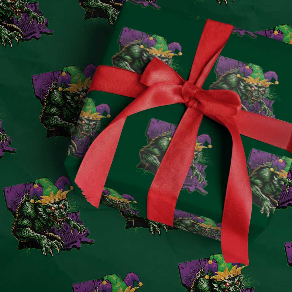 Funny Mardi Gras Rougarou Wrapping Paper Roll Cryptids Of Louisiana Jester Hat
