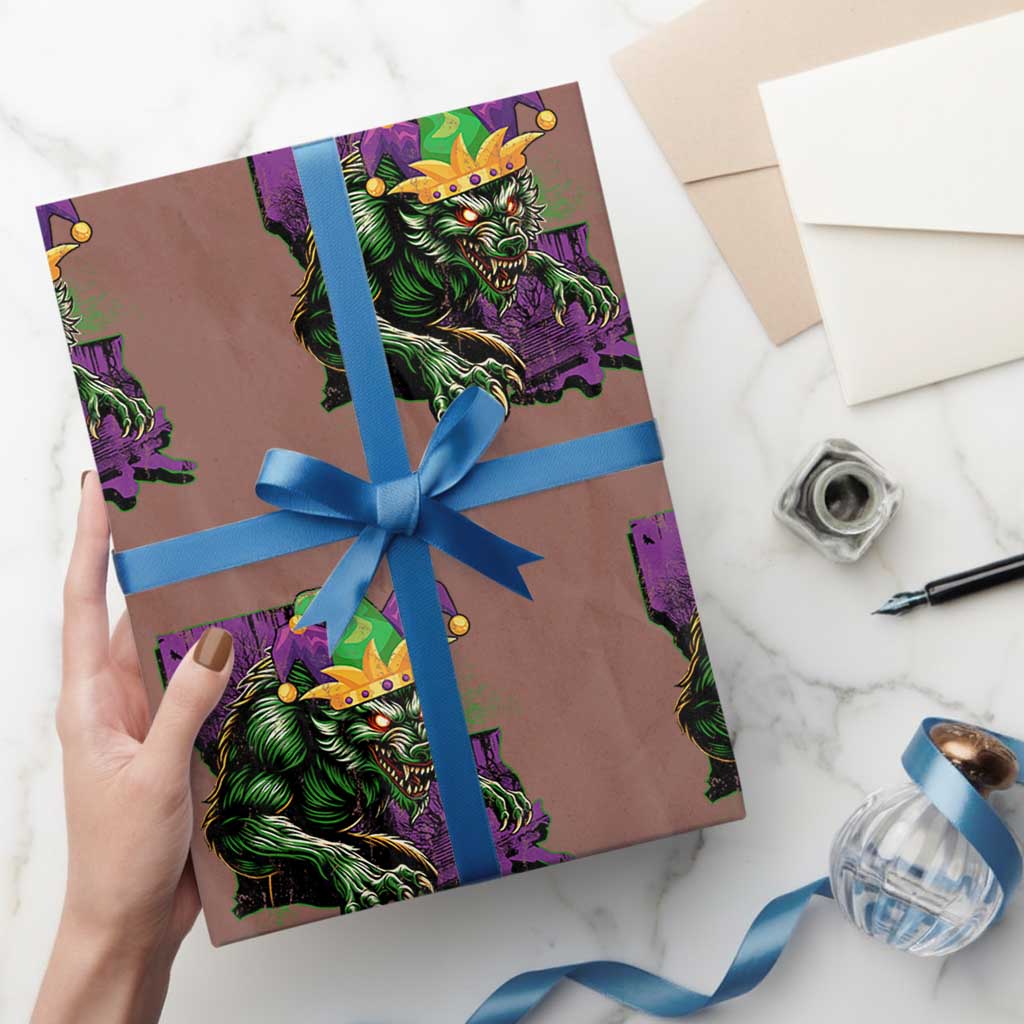 Funny Mardi Gras Rougarou Wrapping Paper Roll Cryptids Of Louisiana Jester Hat