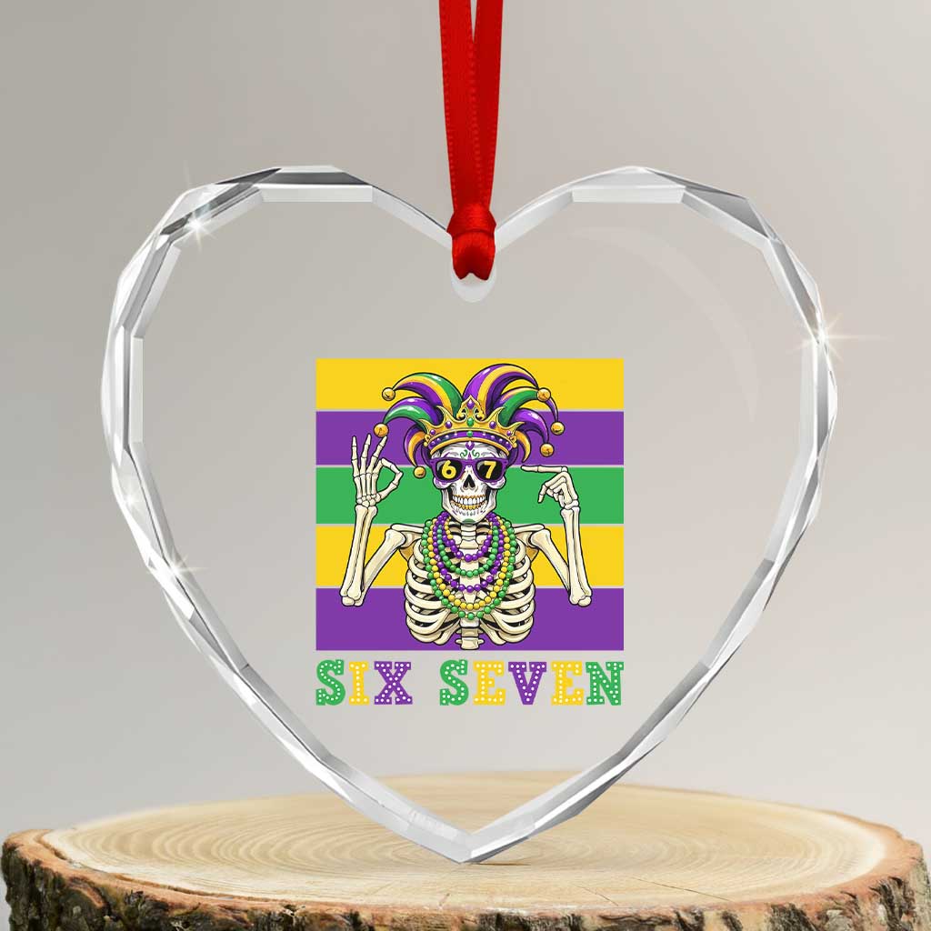 Funny Mardi Gras Skeleton Heart Crystal Glass Ornament Six Seven Meme