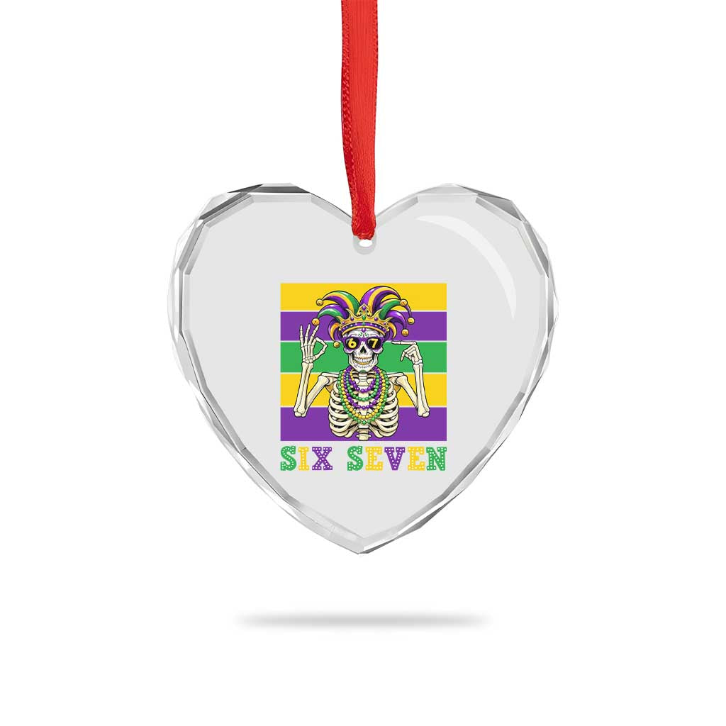 Funny Mardi Gras Skeleton Heart Crystal Glass Ornament Six Seven Meme
