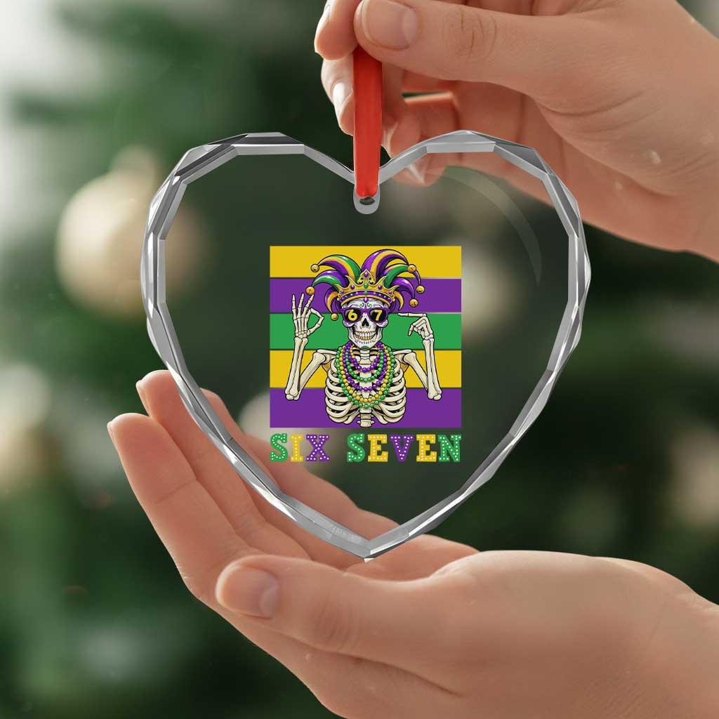 Funny Mardi Gras Skeleton Heart Crystal Glass Ornament Six Seven Meme