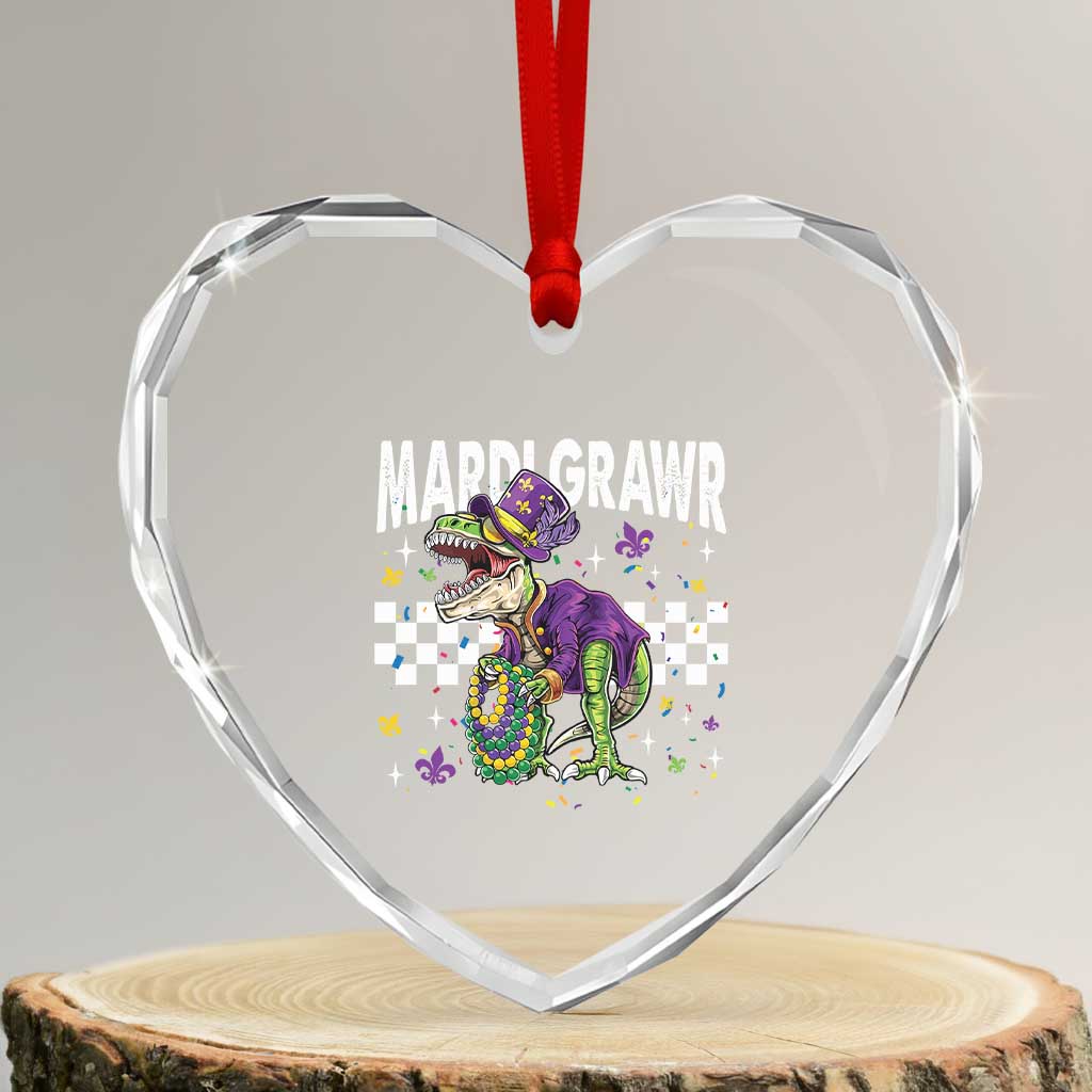 Funny Mardi Gras T-rex Dinosaur Heart Crystal Glass Ornament Mardi Grawr Beads Carnival Party
