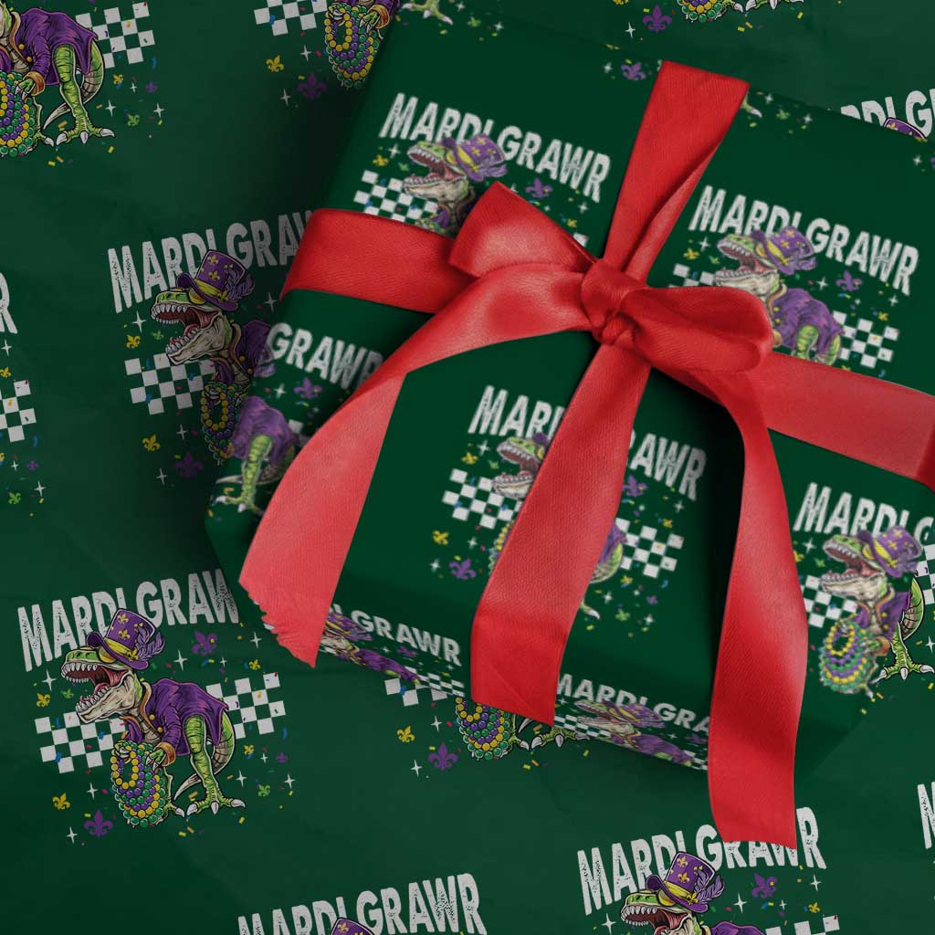 Funny Mardi Gras T-rex Dinosaur Wrapping Paper Roll Mardi Grawr Beads Carnival Party