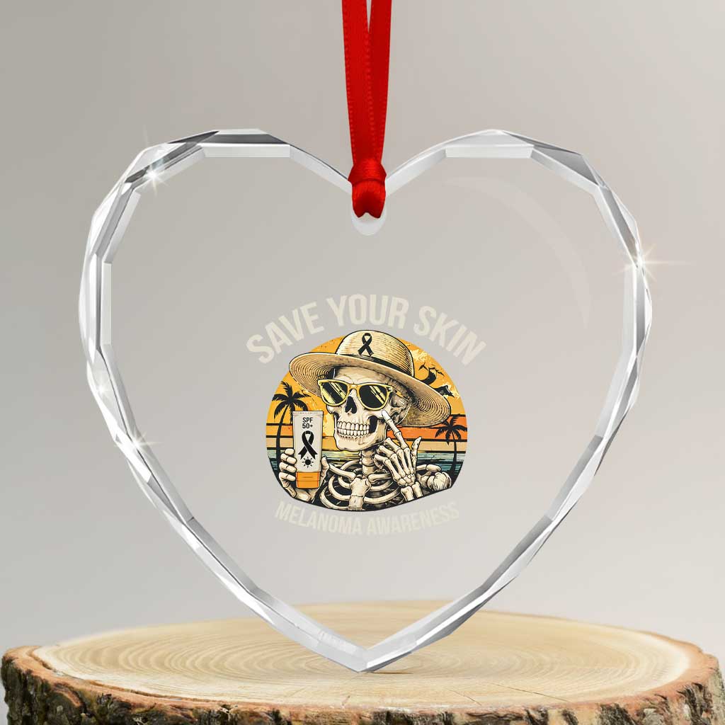 Funny Melanoma Cancer Awareness Graphic Heart Crystal Glass Ornament Save Your Skin