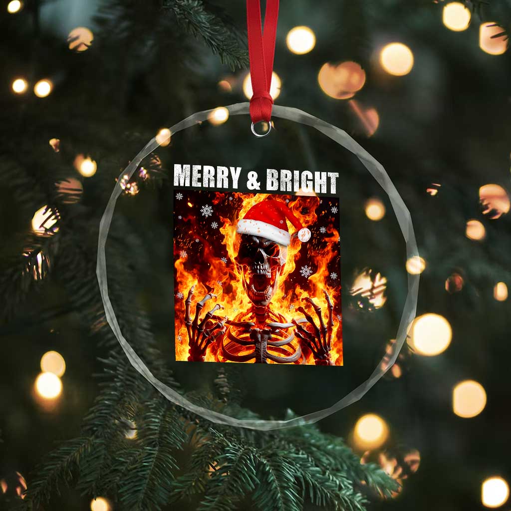 Funny Merry And Bright Crystal Glass Ornament Christmas Chaos Xmas Skeleton Fire Flames - Wonder Print Shop