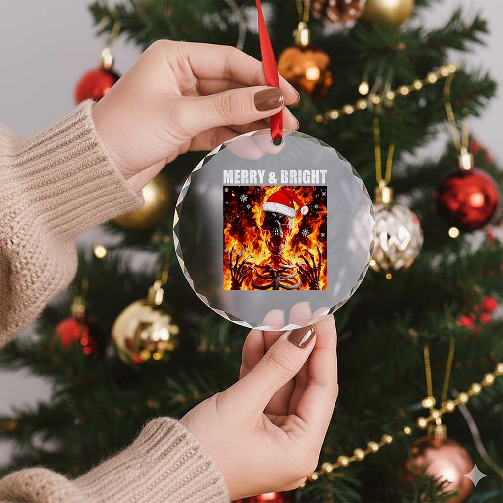 Funny Merry And Bright Crystal Glass Ornament Christmas Chaos Xmas Skeleton Fire Flames - Wonder Print Shop