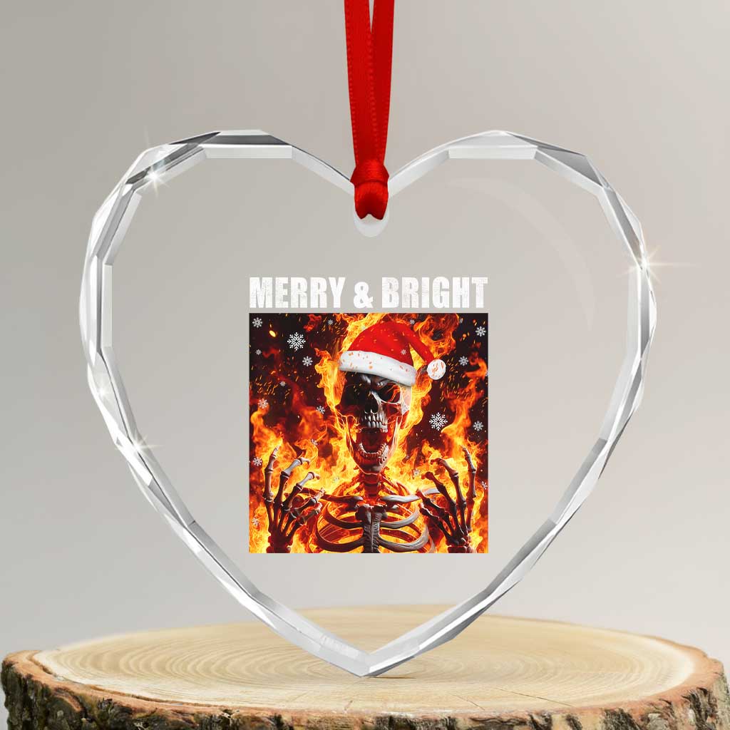 Funny Merry And Bright Heart Crystal Glass Ornament Christmas Chaos Xmas Skeleton Fire Flames - Wonder Print Shop