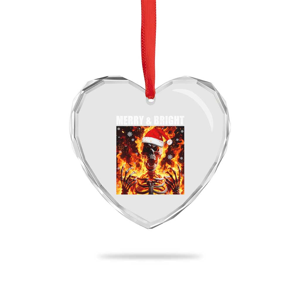 Funny Merry And Bright Heart Crystal Glass Ornament Christmas Chaos Xmas Skeleton Fire Flames - Wonder Print Shop