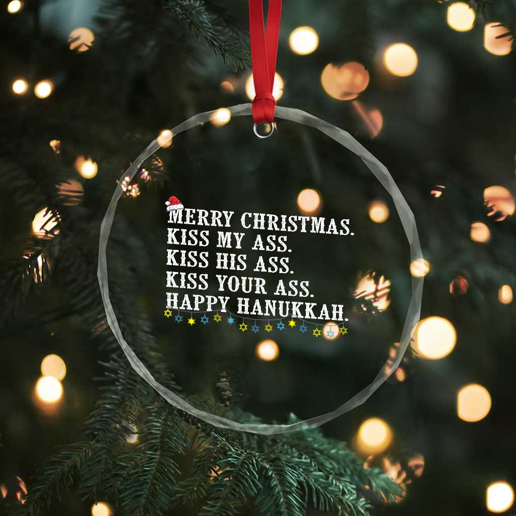 Funny Merry Xmas Kiss My His Your Ass Happy Hanukkah Crystal Glass Ornament TS11