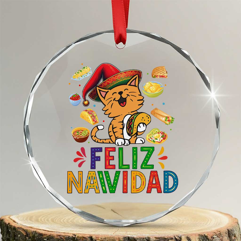 Funny Mexican Cat Christmas Crystal Glass Ornament Feliz Navidad Sombrero Kitty Xmas - Wonder Print Shop