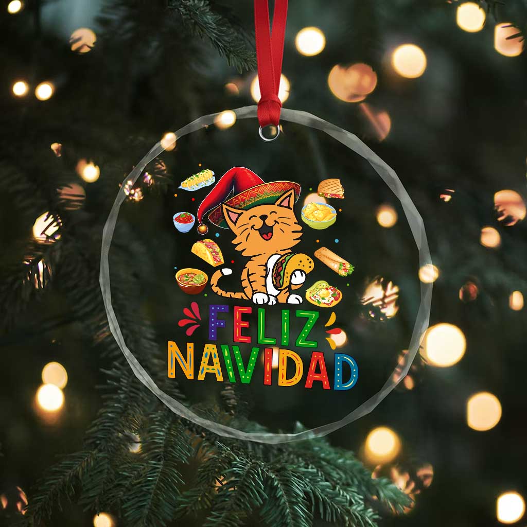 Funny Mexican Cat Christmas Crystal Glass Ornament Feliz Navidad Sombrero Kitty Xmas - Wonder Print Shop