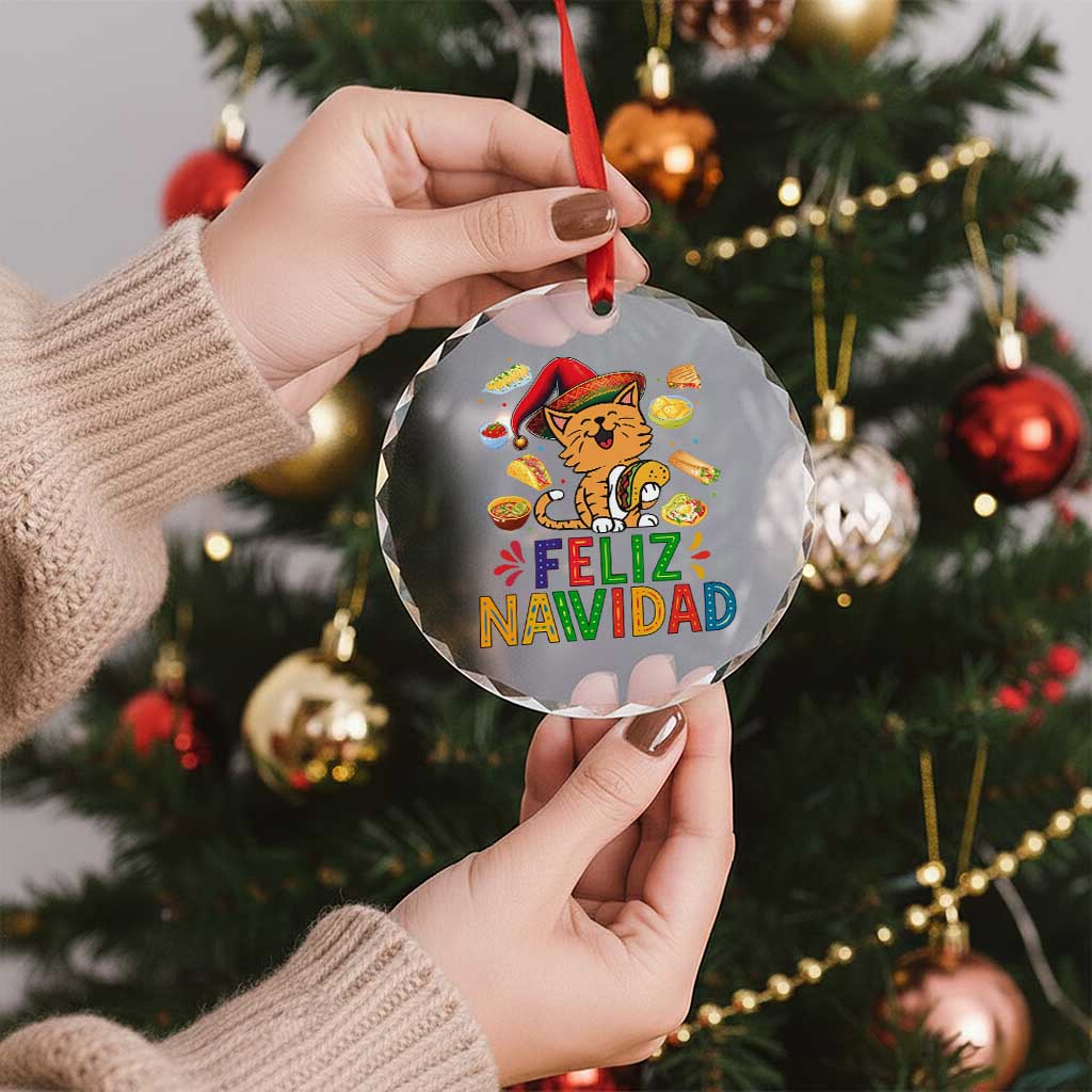 Funny Mexican Cat Christmas Crystal Glass Ornament Feliz Navidad Sombrero Kitty Xmas - Wonder Print Shop