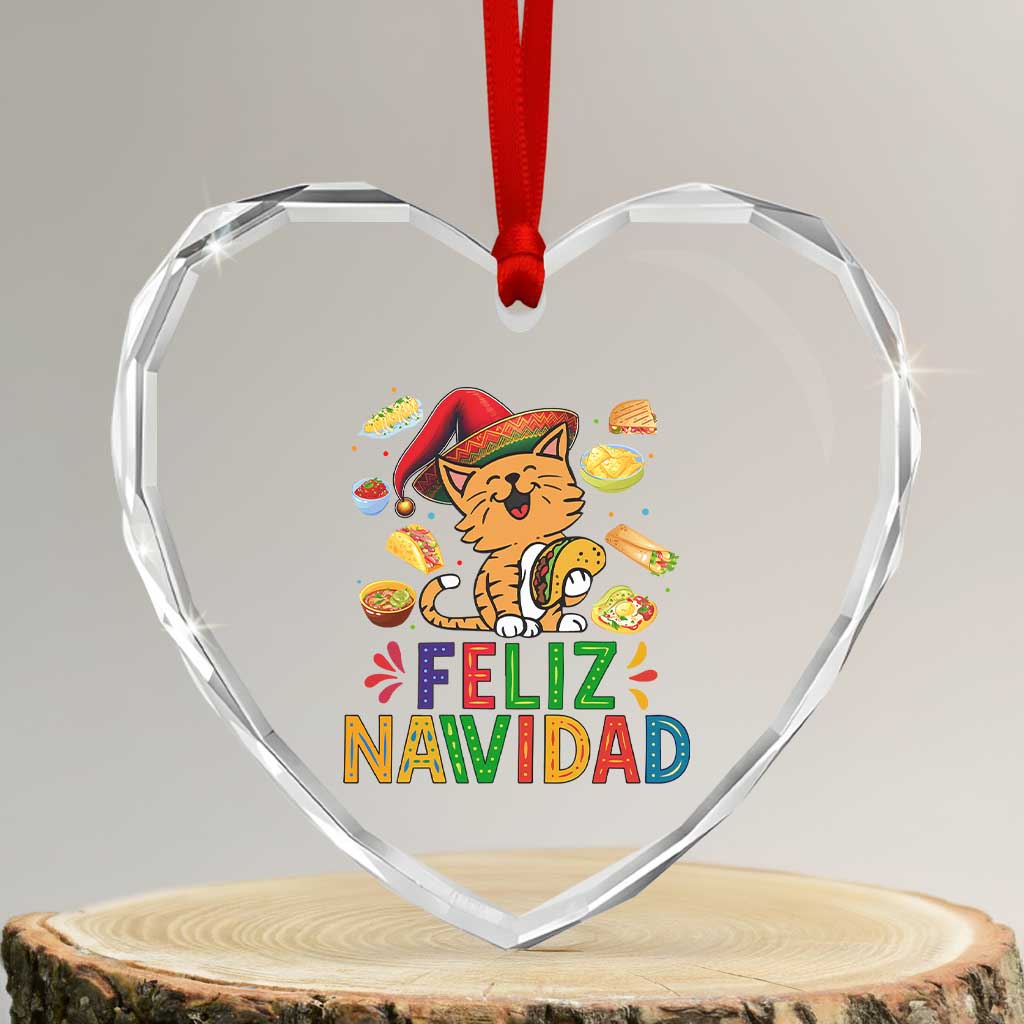 Funny Mexican Cat Christmas Heart Crystal Glass Ornament Feliz Navidad Sombrero Kitty Xmas - Wonder Print Shop