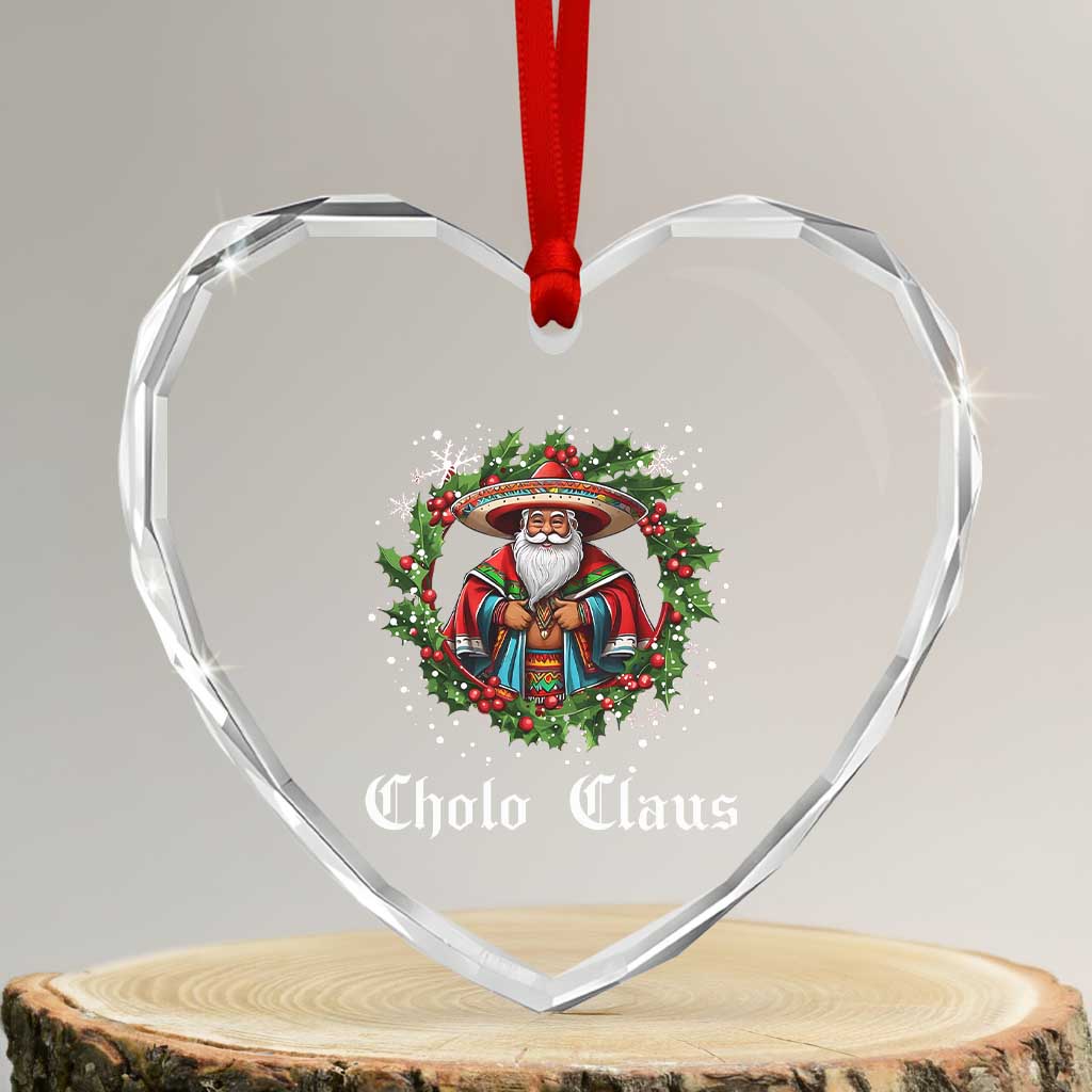 Funny Mexican Santa Heart Crystal Glass Ornament Cholo Claus Christmas in Mexico - Wonder Print Shop