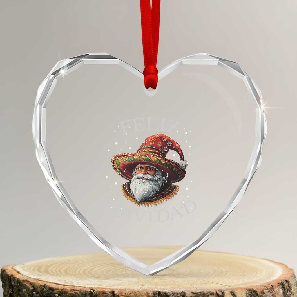 Funny Mexico Xmas Heart Crystal Glass Ornament Santa Sombrero Feliz Navidad - Wonder Print Shop