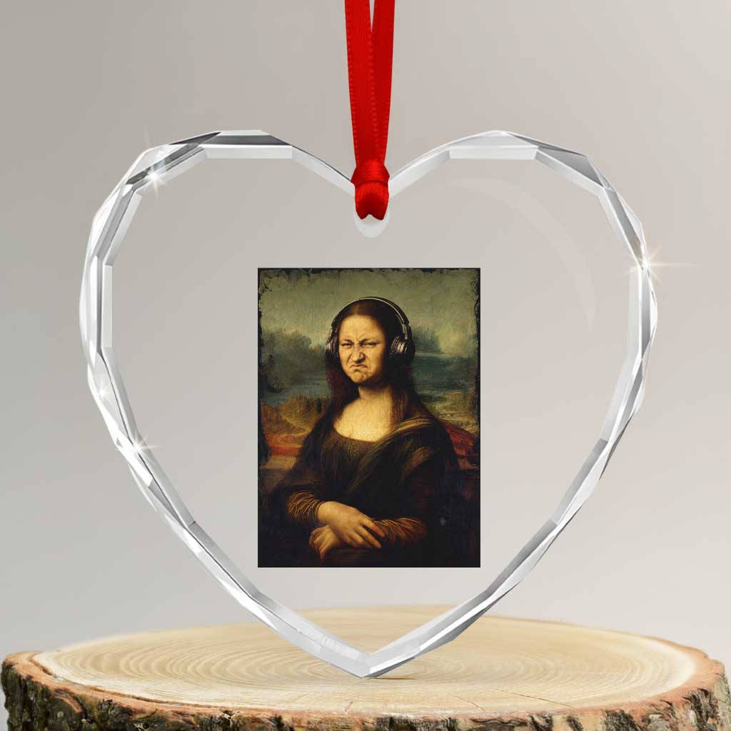 Funny Mona Lisa Bass Face Music Lovers DJs Heart Crystal Glass Ornament