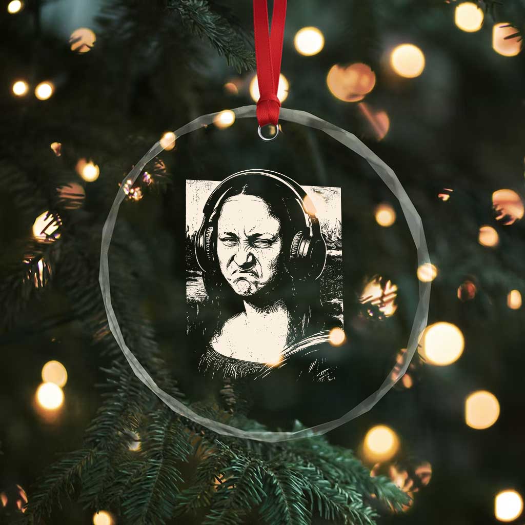 Funny Mona Lisa Wearing Headphones Bass Face Meme Crystal Glass Ornament Funny Classical Fine Art Parody Music Producer Graphic
