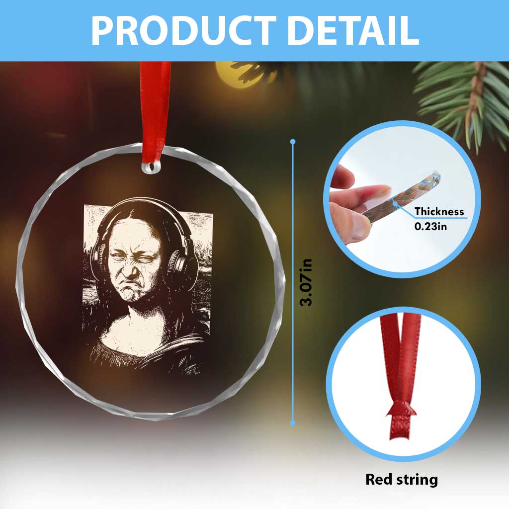 Funny Mona Lisa Wearing Headphones Bass Face Meme Crystal Glass Ornament Funny Classical Fine Art Parody Music Producer Graphic