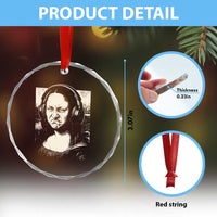 Funny Mona Lisa Wearing Headphones Bass Face Meme Crystal Glass Ornament Funny Classical Fine Art Parody Music Producer Graphic
