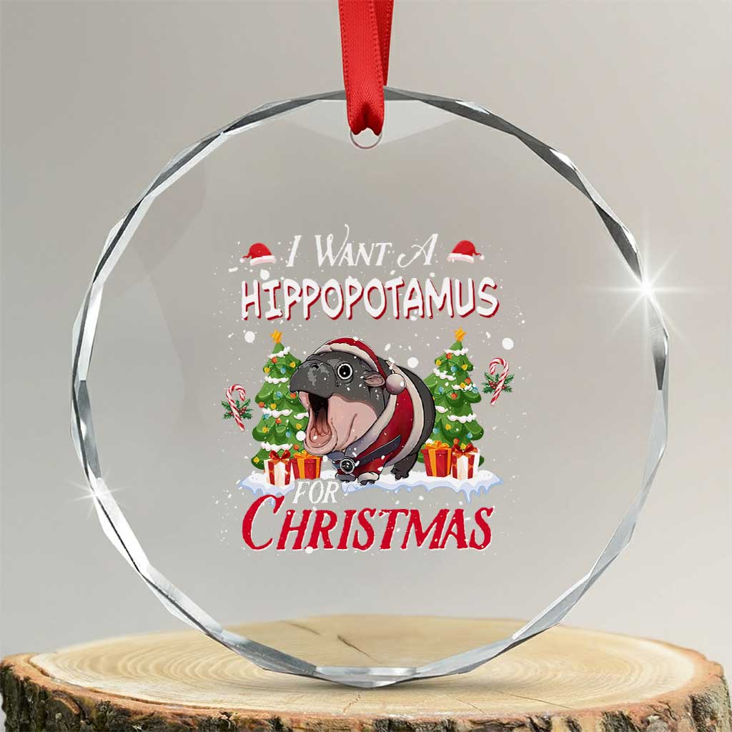 Funny Moo Deng Christmas Crystal Glass Ornament I Want A Hippopotamus For Christmas Santa Baby Pygmy - Wonder Print Shop