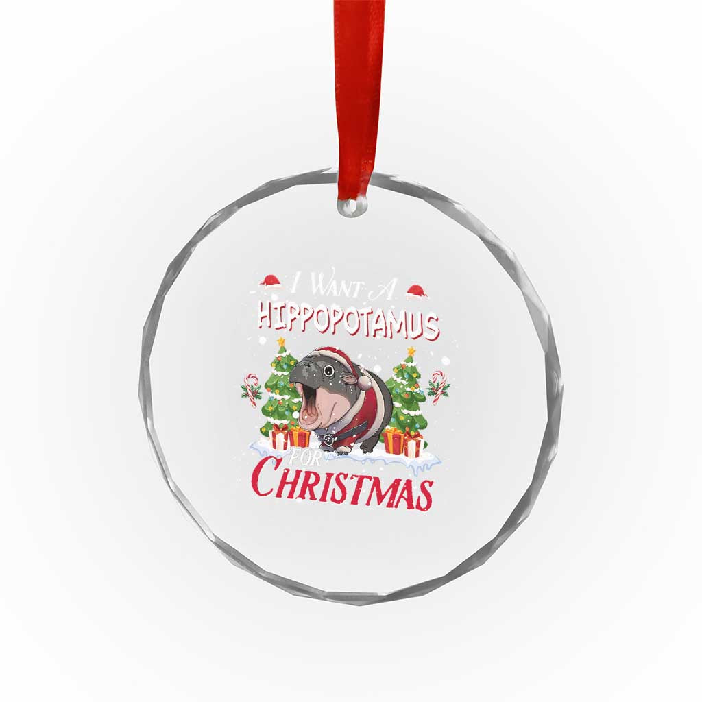 Funny Moo Deng Christmas Crystal Glass Ornament I Want A Hippopotamus For Christmas Santa Baby Pygmy - Wonder Print Shop