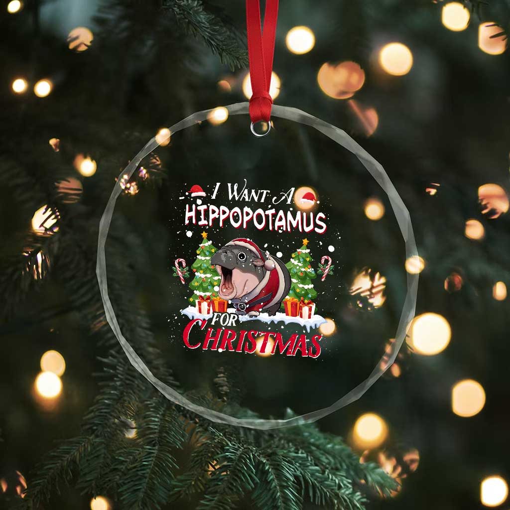 Funny Moo Deng Christmas Crystal Glass Ornament I Want A Hippopotamus For Christmas Santa Baby Pygmy - Wonder Print Shop