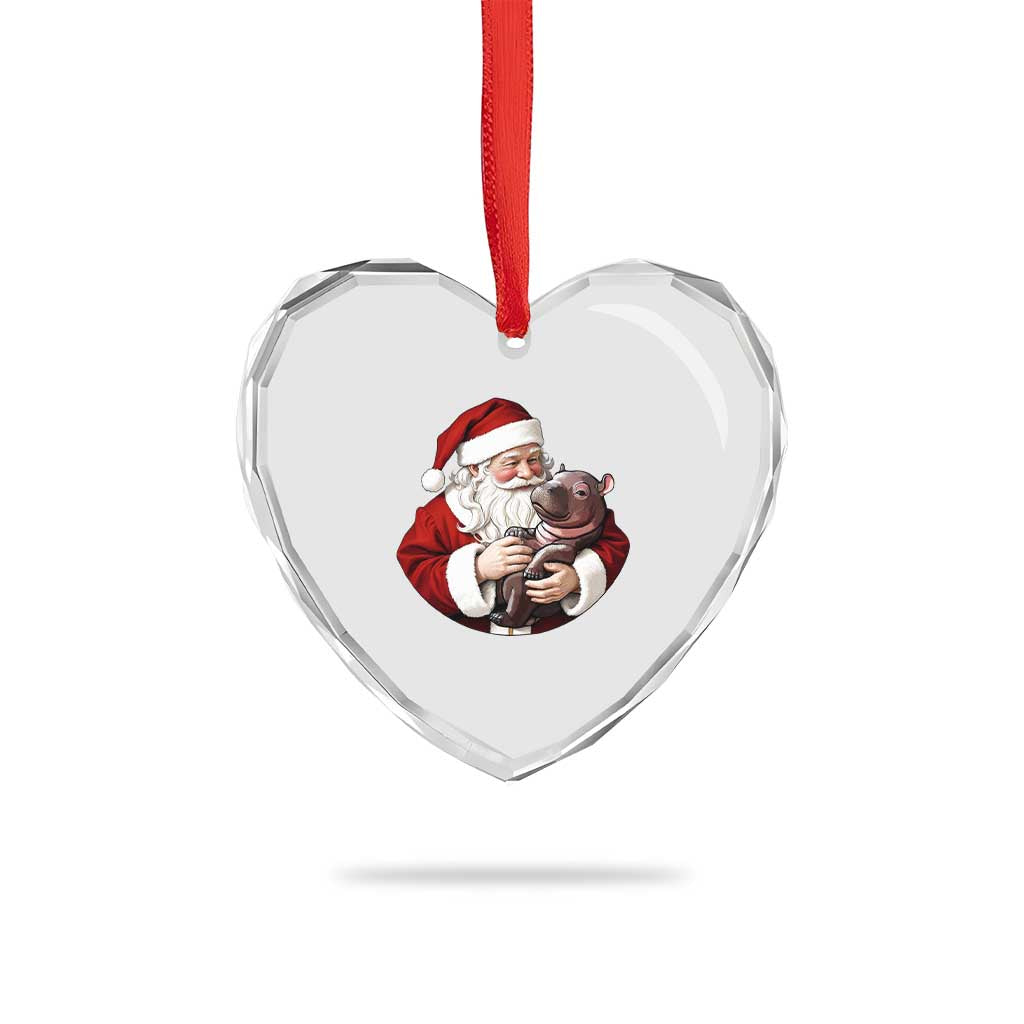 Funny Moo Deng Christmas Heart Crystal Glass Ornament Santa Cute Hippo Zoo Meme Baby Pygmy - Wonder Print Shop