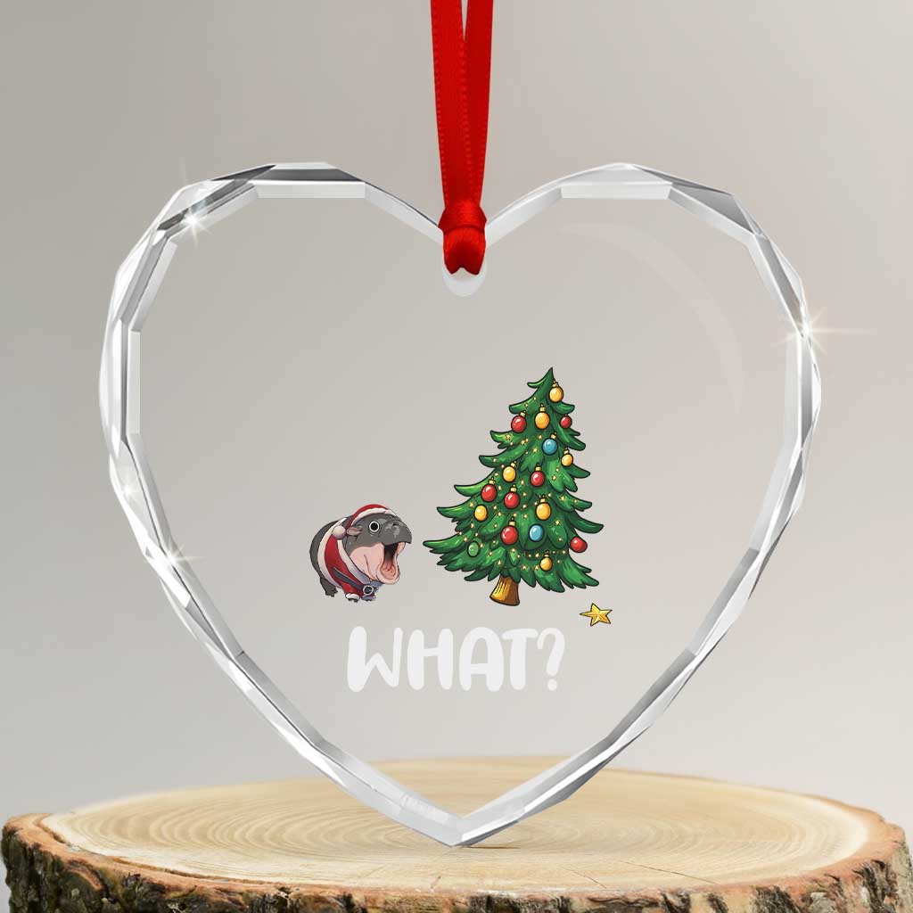 Funny Moo Deng Christmas Heart Crystal Glass Ornament What Santa Cute Hippo Zoo Meme Baby Pygmy Xmas Tree - Wonder Print Shop