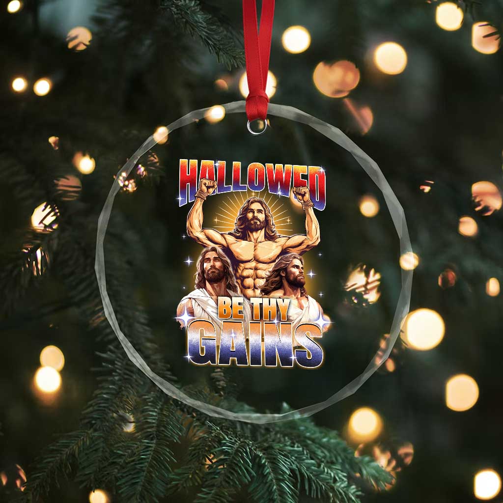 Funny Muscle Jesus Workout Crystal Glass Ornament Hallowed Be Thy Gains Weightlifting Humor TS11