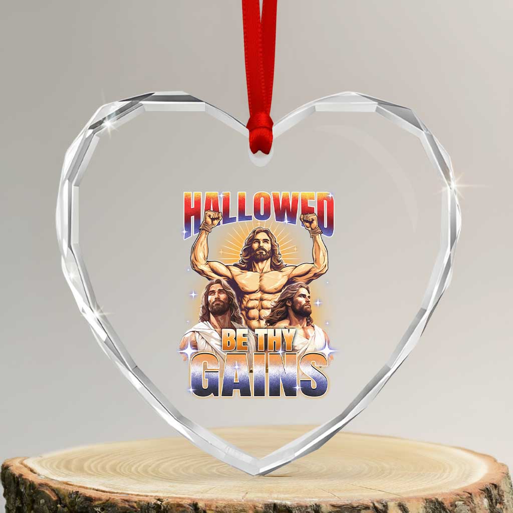 Funny Muscle Jesus Workout Heart Crystal Glass Ornament Hallowed Be Thy Gains Weightlifting Humor - Wonder Print Shop