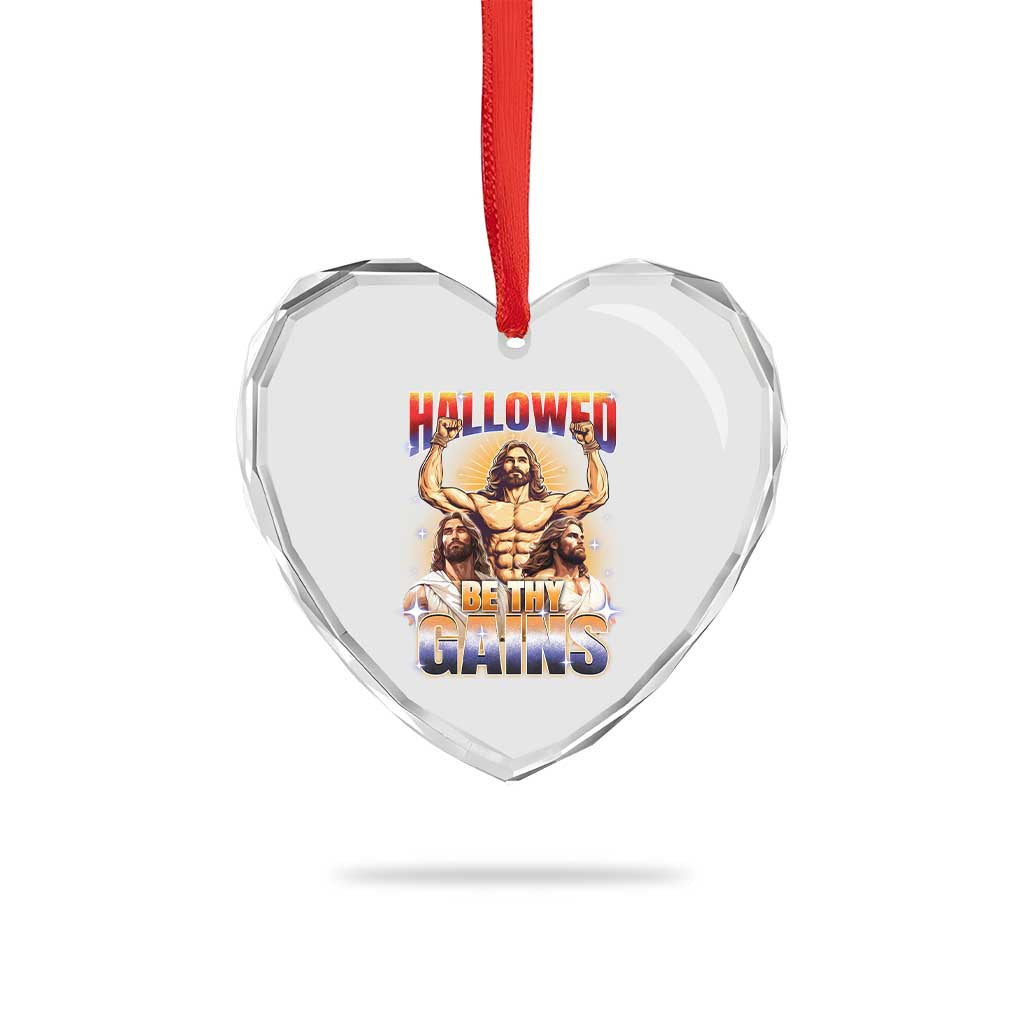 Funny Muscle Jesus Workout Heart Crystal Glass Ornament Hallowed Be Thy Gains Weightlifting Humor - Wonder Print Shop