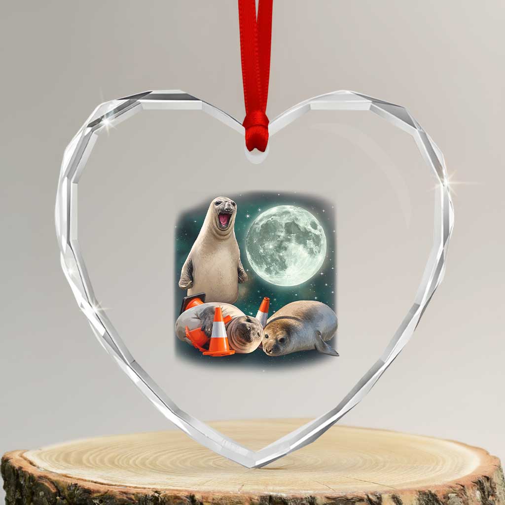 Funny Neil The Seal Howling at Moon 90s Retro Heart Crystal Glass Ornament