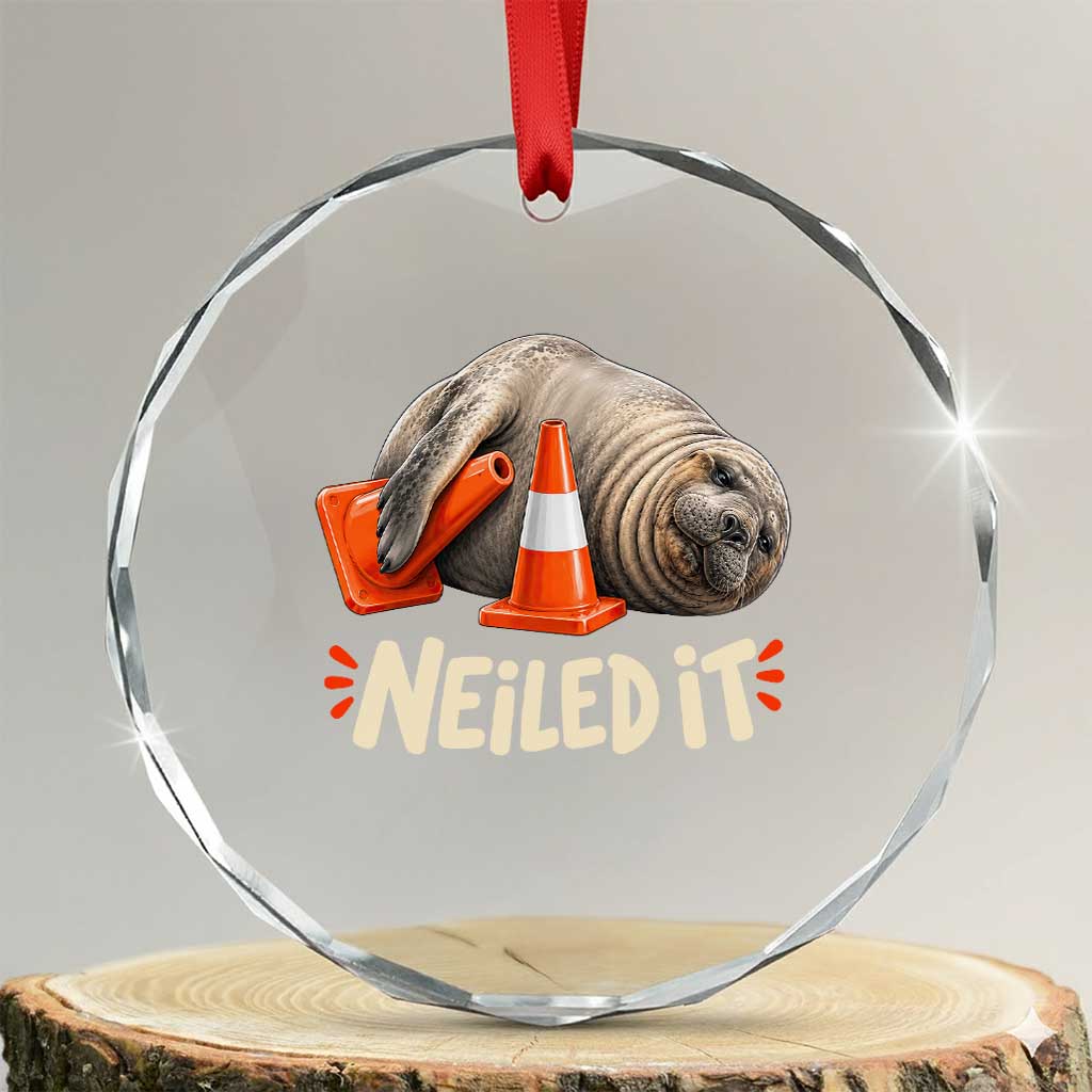 Funny Neil The Seal Nailed It Meme Crystal Glass Ornament Cute Chaotic Viral Elephant Seal Traffic Cone Pun
