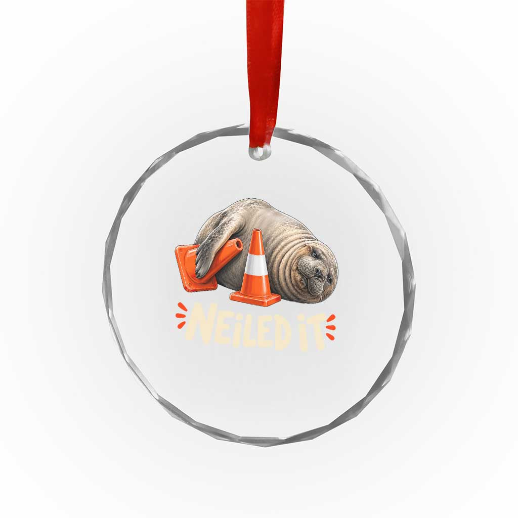 Funny Neil The Seal Nailed It Meme Crystal Glass Ornament Cute Chaotic Viral Elephant Seal Traffic Cone Pun