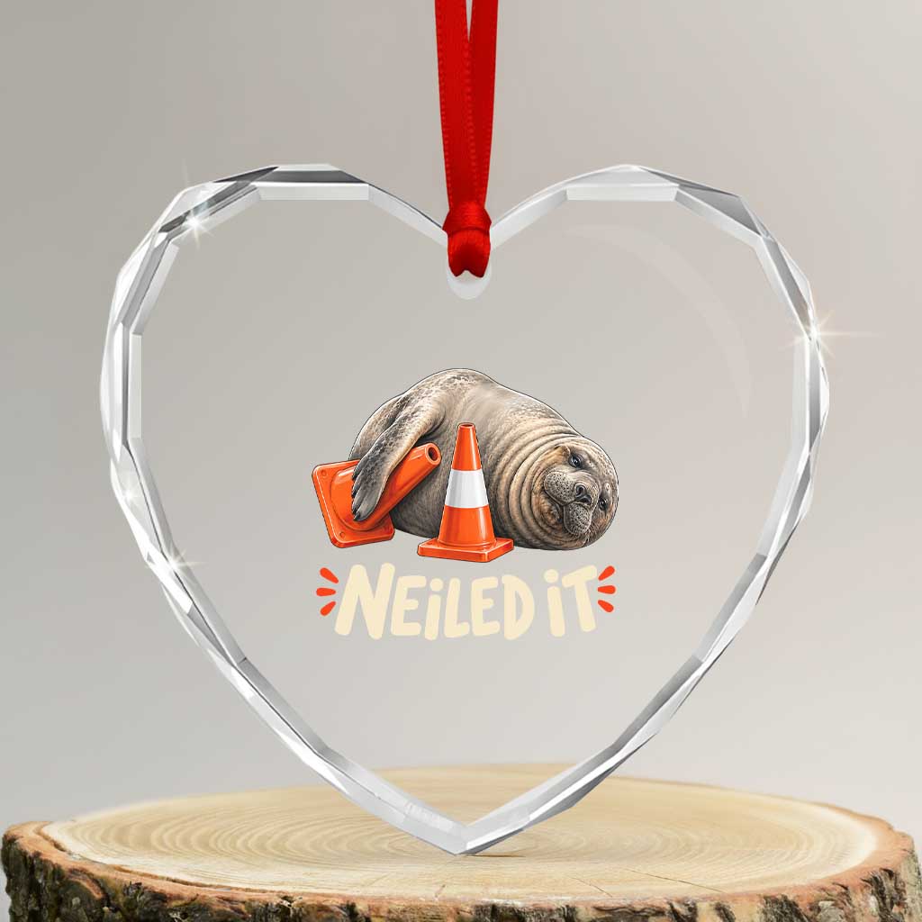 Funny Neil The Seal Nailed It Meme Heart Crystal Glass Ornament Cute Chaotic Viral Elephant Seal Traffic Cone Pun