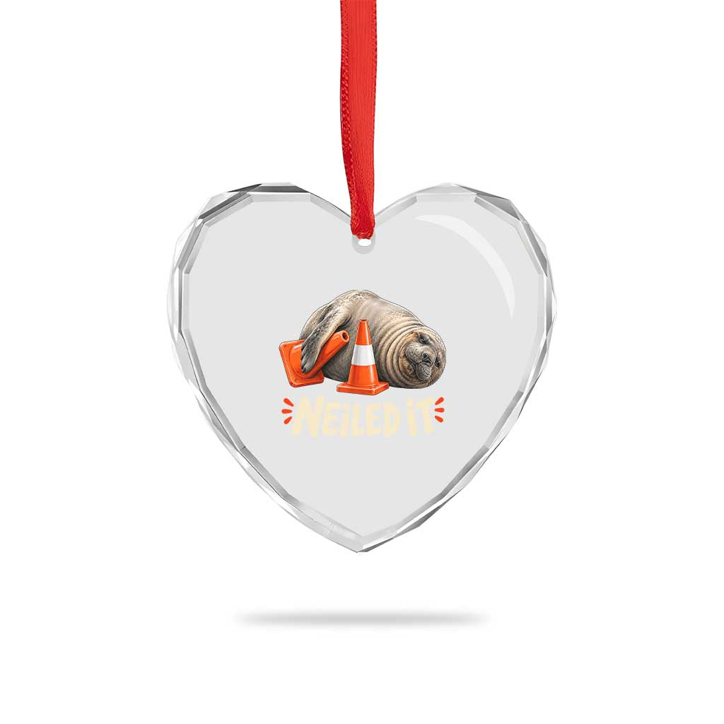 Funny Neil The Seal Nailed It Meme Heart Crystal Glass Ornament Cute Chaotic Viral Elephant Seal Traffic Cone Pun