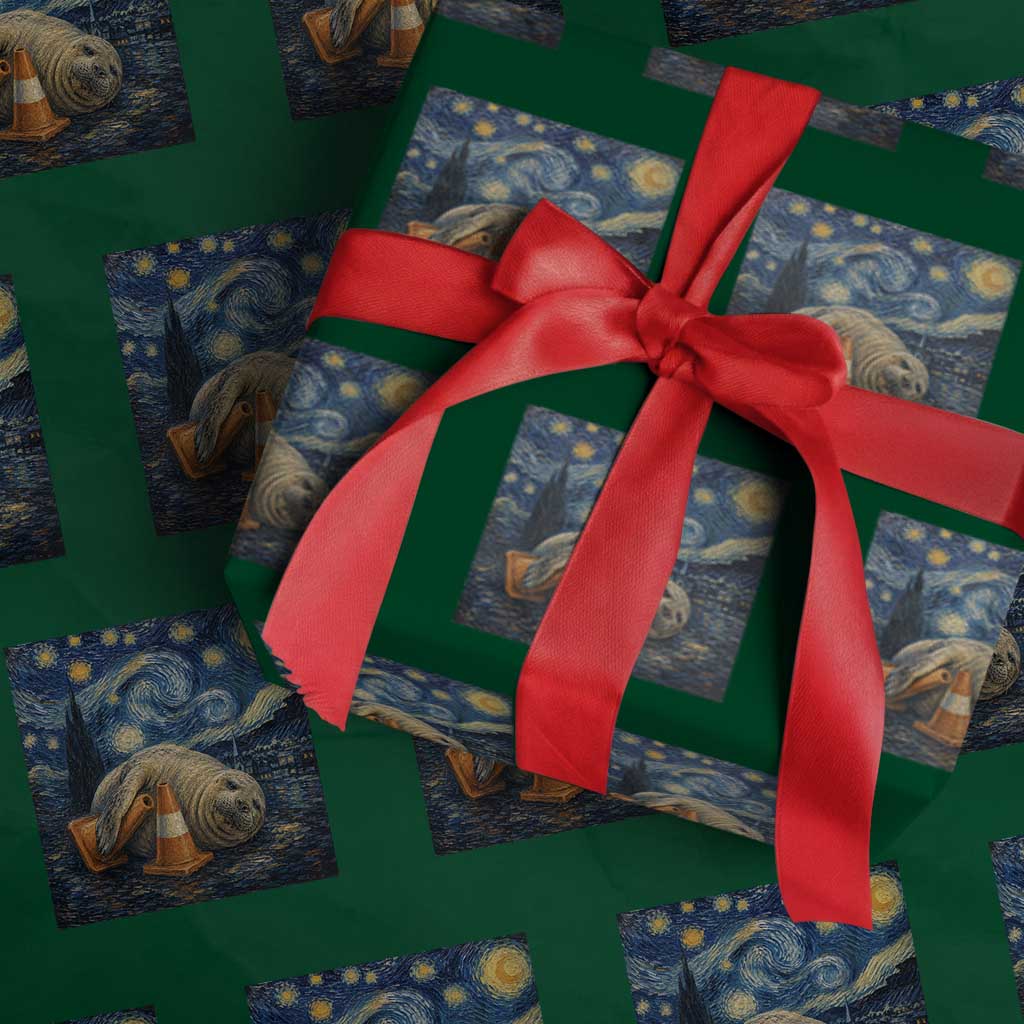 Funny Neil The Seal Starry Night Wrapping Paper Roll Van Gogh Art for Tasmania Seal Lovers