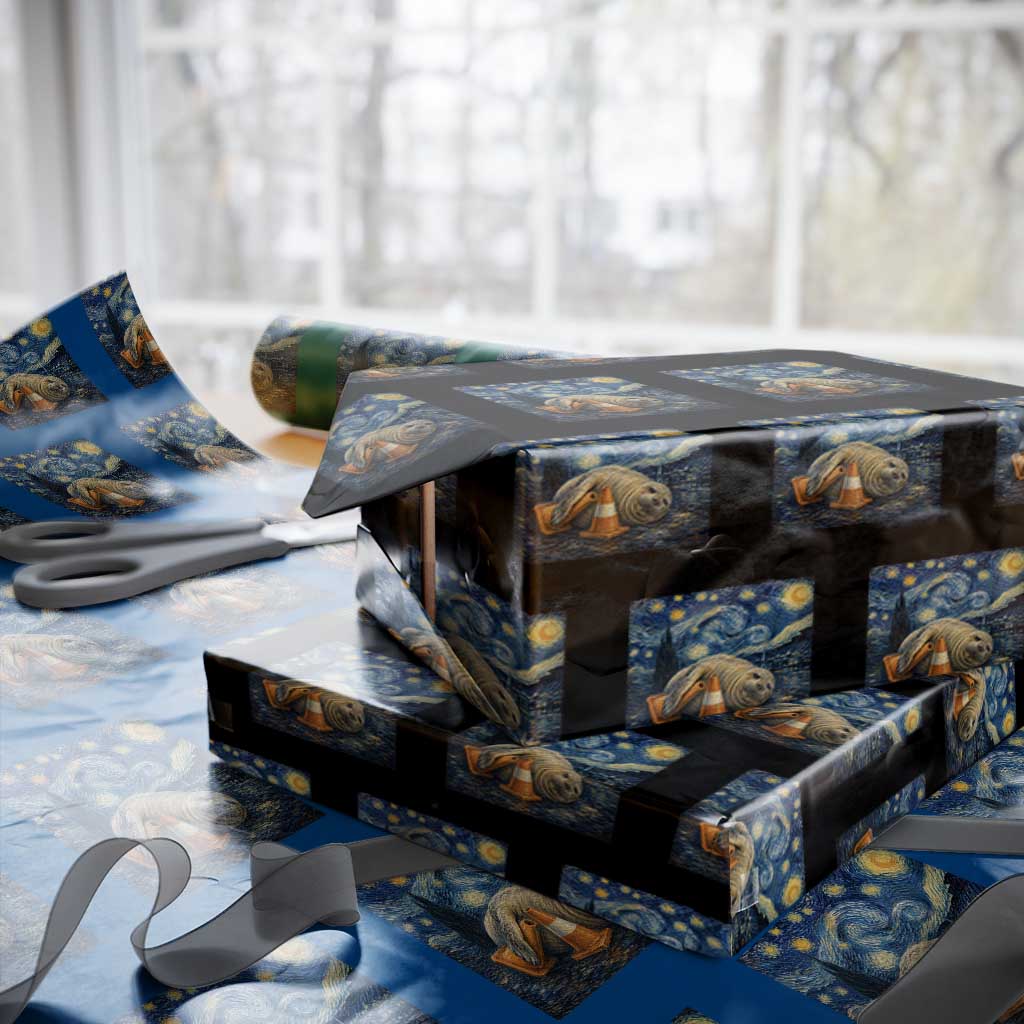 Funny Neil The Seal Starry Night Wrapping Paper Roll Van Gogh Art for Tasmania Seal Lovers