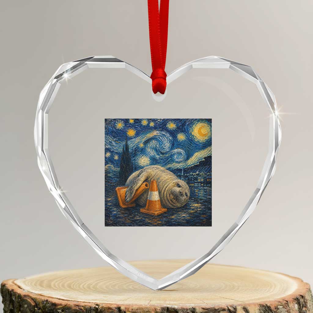 Funny Neil The Seal Starry Night Heart Crystal Glass Ornament Van Gogh Art for Tasmania Seal Lovers