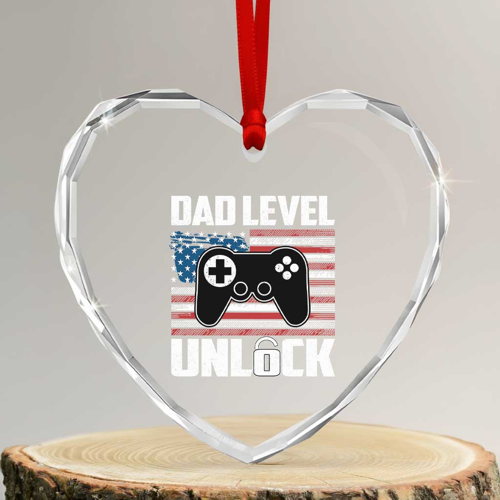 Funny New Dad Heart Crystal Glass Ornament First Fathers Day Dad Level Unlocked Gaming Gamer - Wonder Print Shop