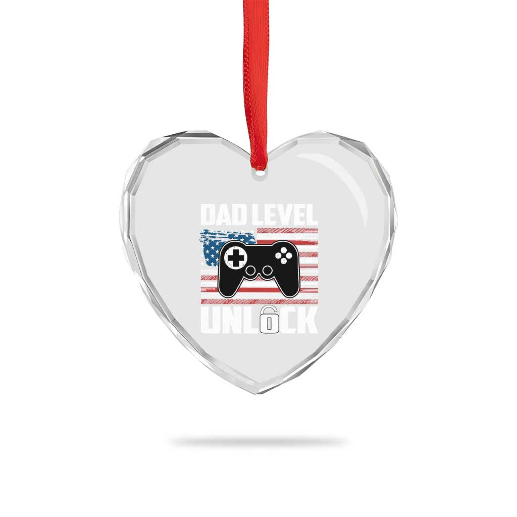 Funny New Dad Heart Crystal Glass Ornament First Fathers Day Dad Level Unlocked Gaming Gamer - Wonder Print Shop