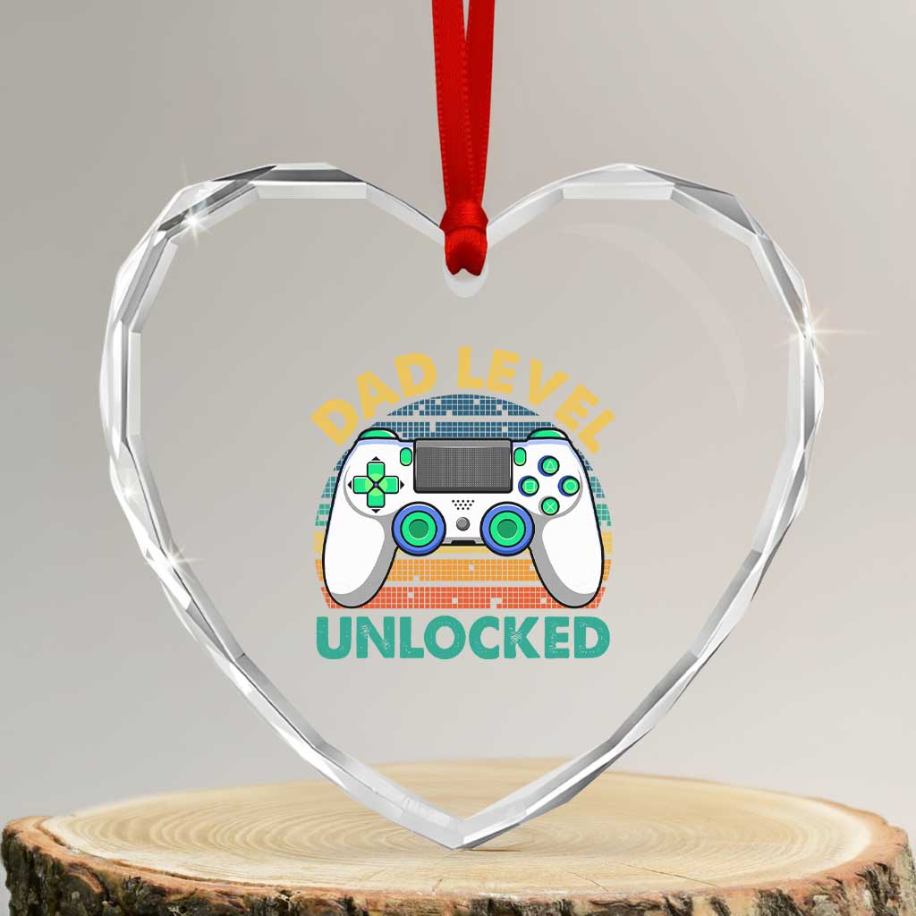 Funny New Dad Heart Crystal Glass Ornament Retro Dad Level Unlocked Gaming Gamer - Wonder Print Shop