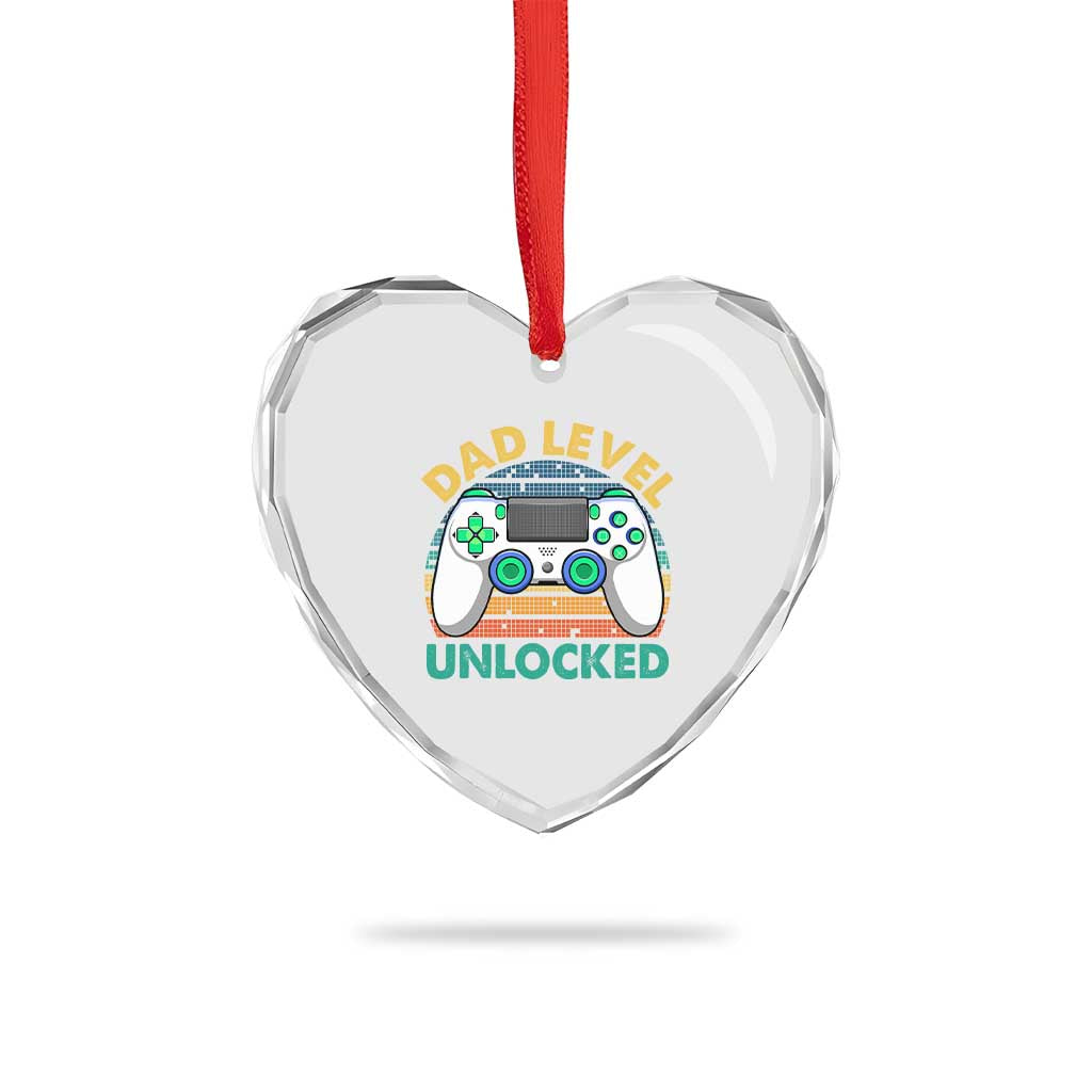 Funny New Dad Heart Crystal Glass Ornament Retro Dad Level Unlocked Gaming Gamer - Wonder Print Shop
