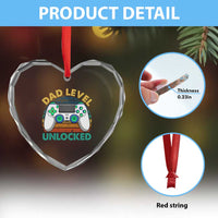 Funny New Dad Heart Crystal Glass Ornament Retro Dad Level Unlocked Gaming Gamer - Wonder Print Shop