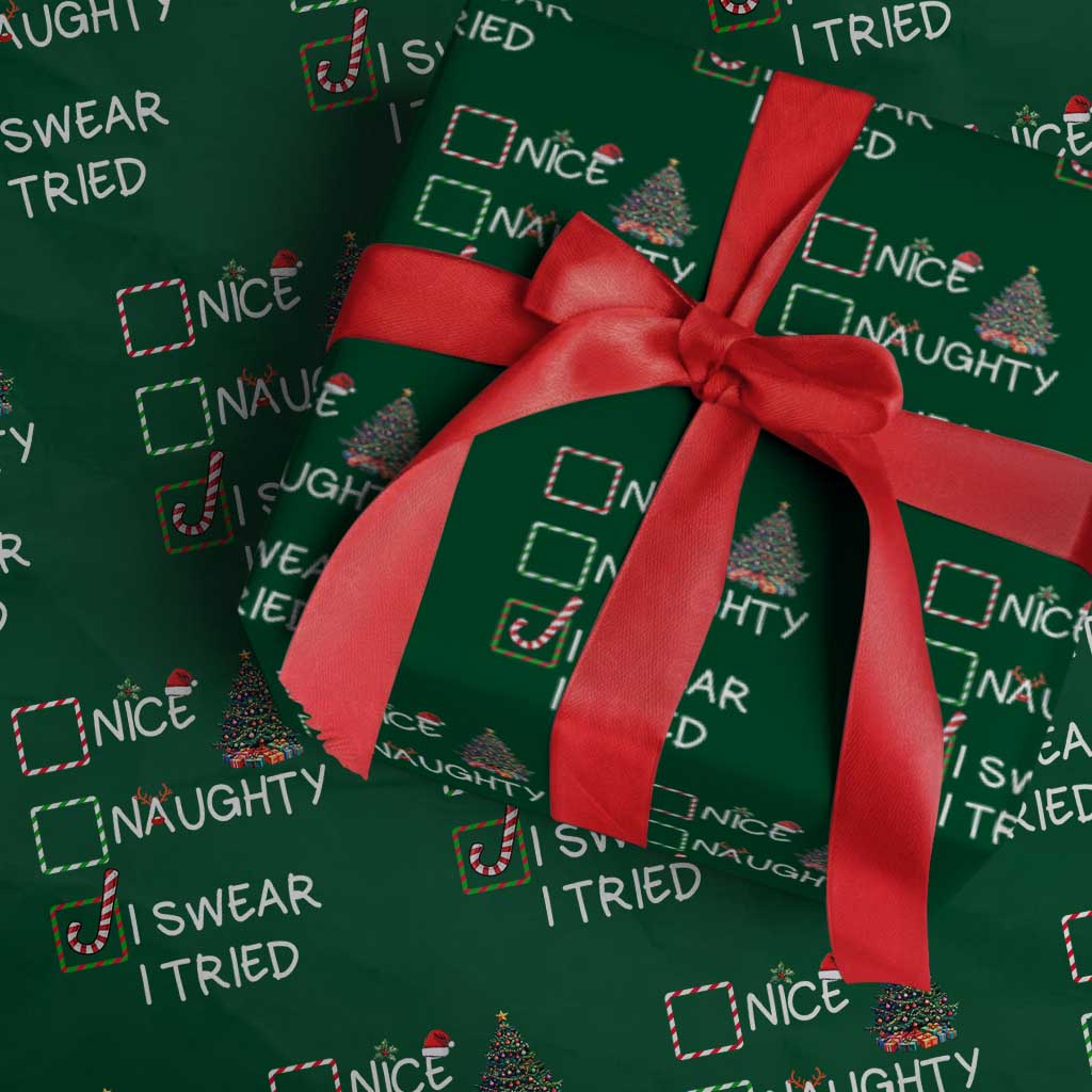 Funny Nice Naughty I Swear I Tried Wrapping Paper Roll Christmas Tree Candy Cane - Wonder Print Shop