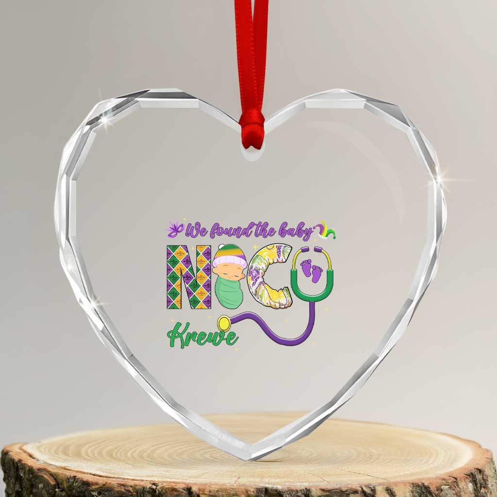 Funny NICU Mardi Gras Heart Crystal Glass Ornament We Found The Baby NICU Krewe King Cake