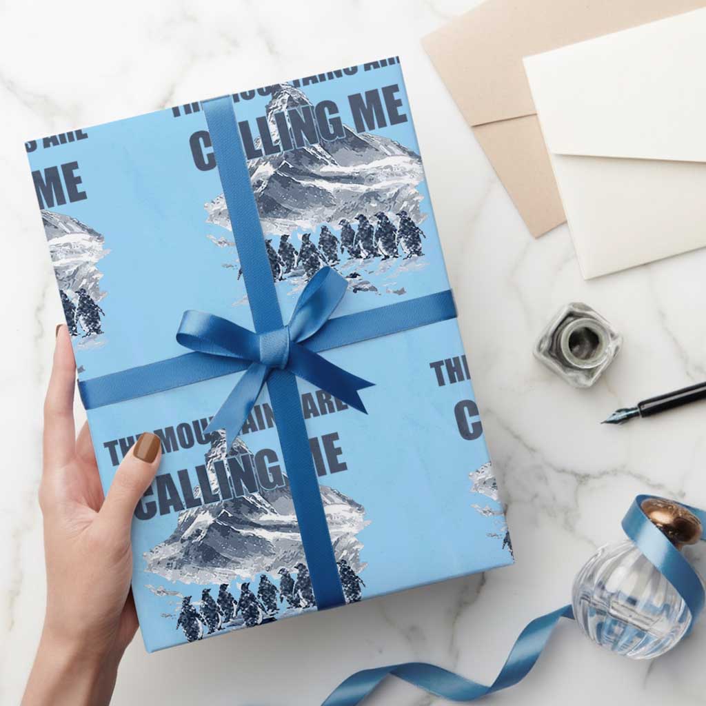 Funny Nihilist Penguin Hiking Wrapping Paper Roll The Mountains Are Calling Me